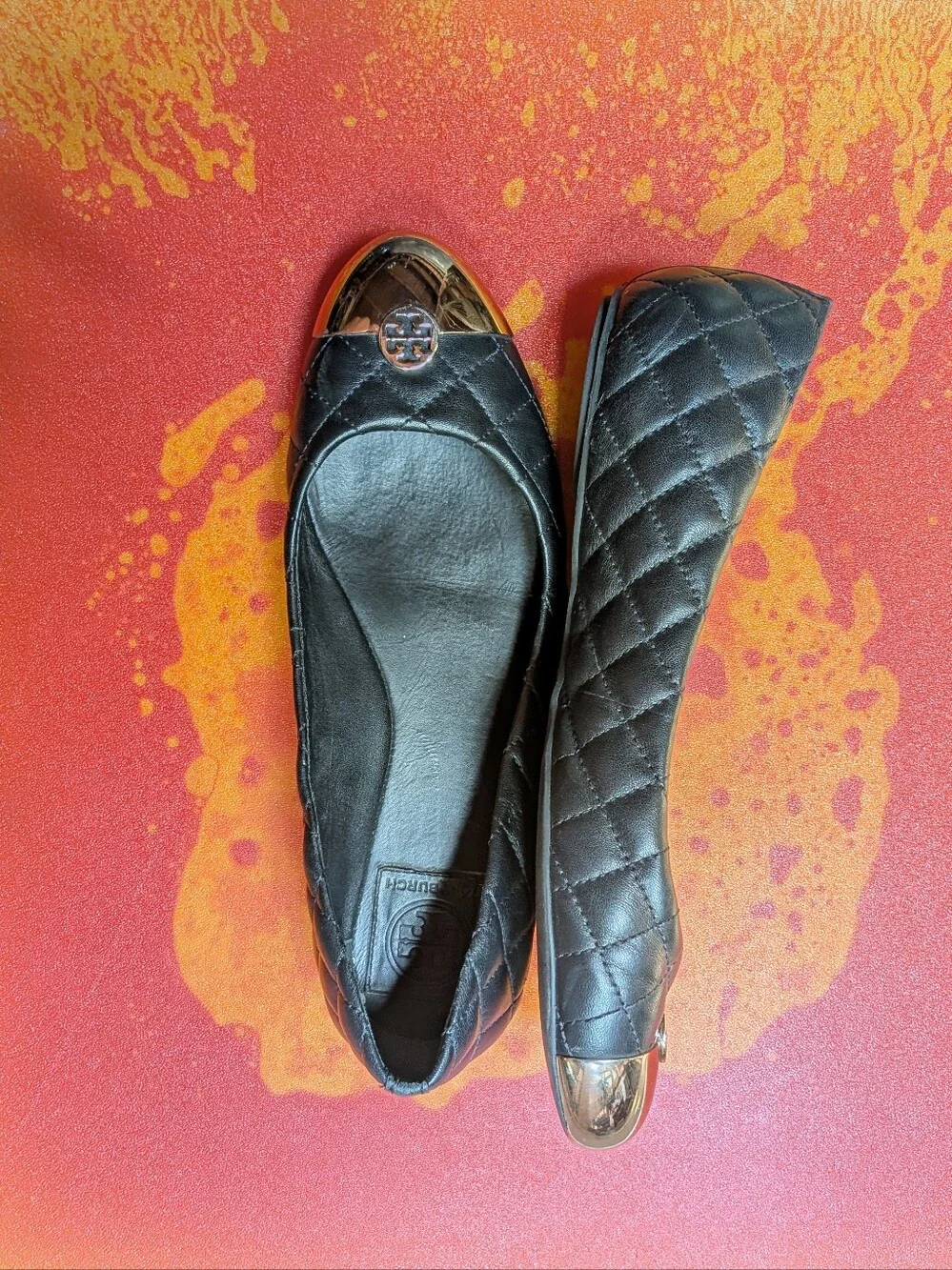 Tory Burch Black Quilted Leather Cap-Toe Ballet Flats with Gold Logo